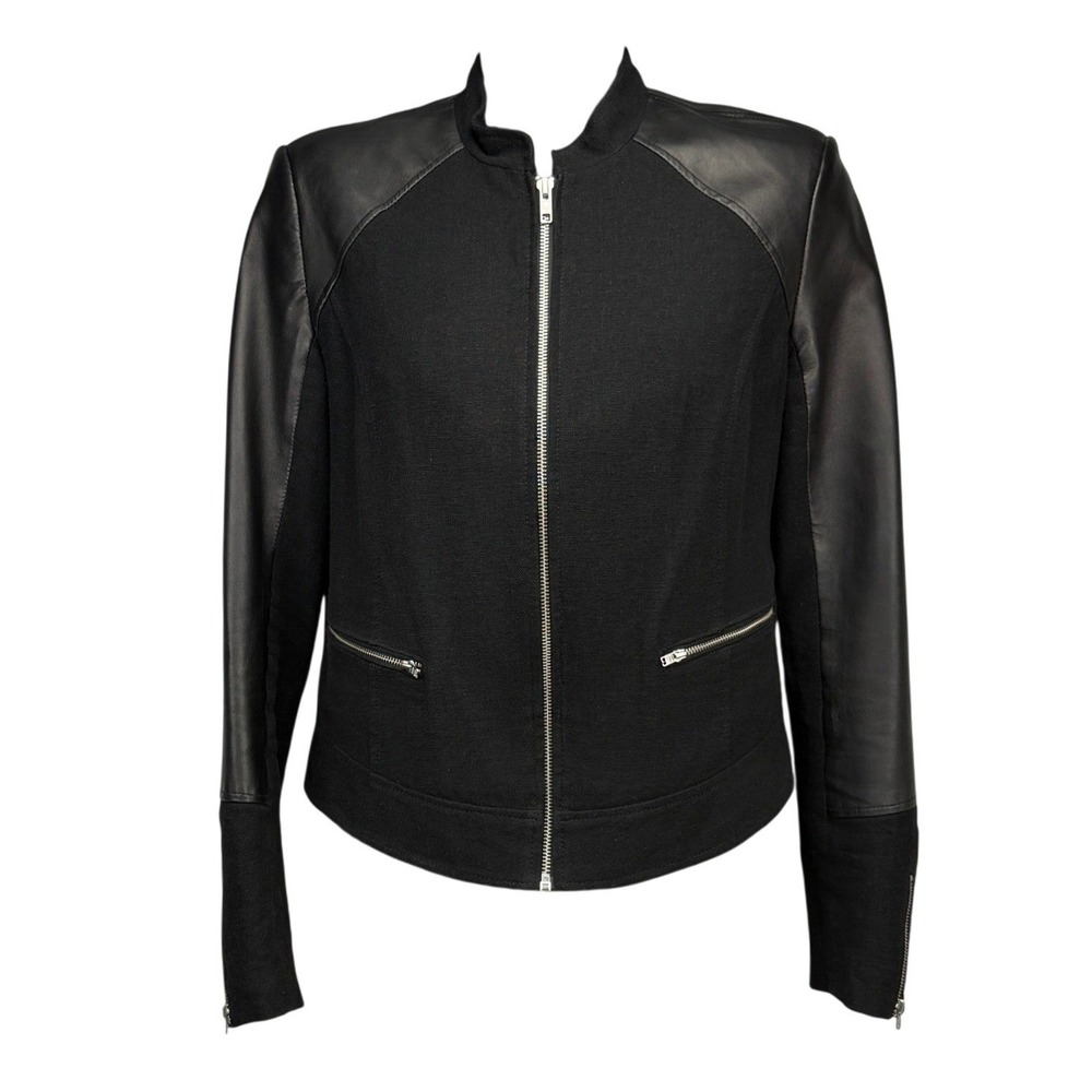 LAMARQUE Leather Linen Blend Zipper Sleeves‎ Black Bomber Jacket Size M